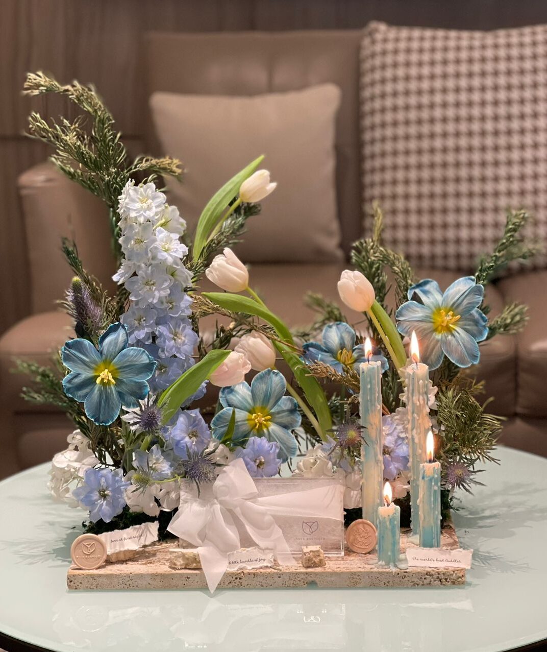 Blue and White Tulips in Marble