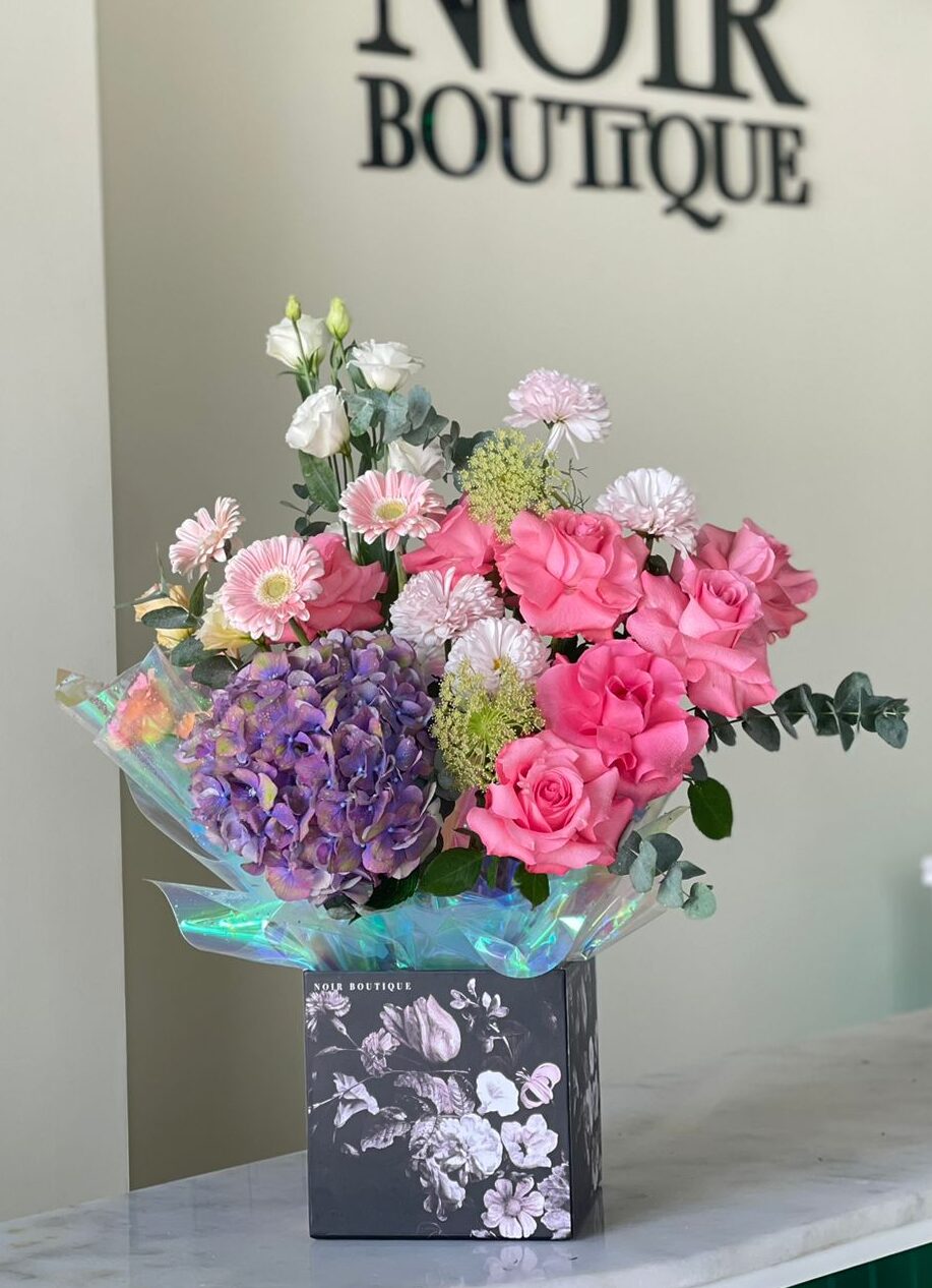 Noir Box with Blue Hydrangeas and Pink Gerbera